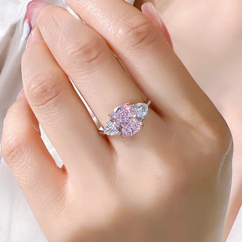 Luxury pink diamond Radian ice cut 925 silver ring set with high carbon diamond temperament versatile ice cut