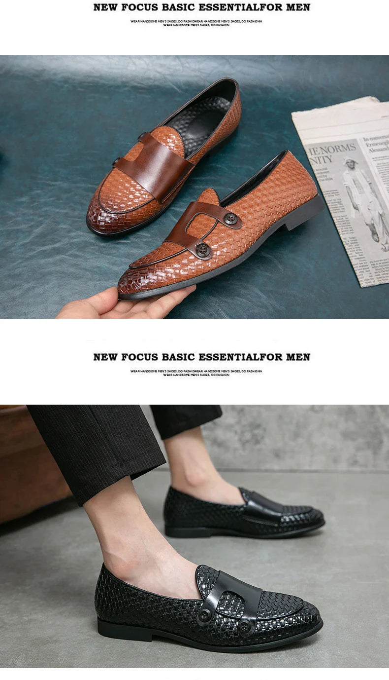 British Style Weave Pattern Microfiber Leather Monk Shoes Mens Buckle Party Wedding Loafers Moccasins Men Driving Flats