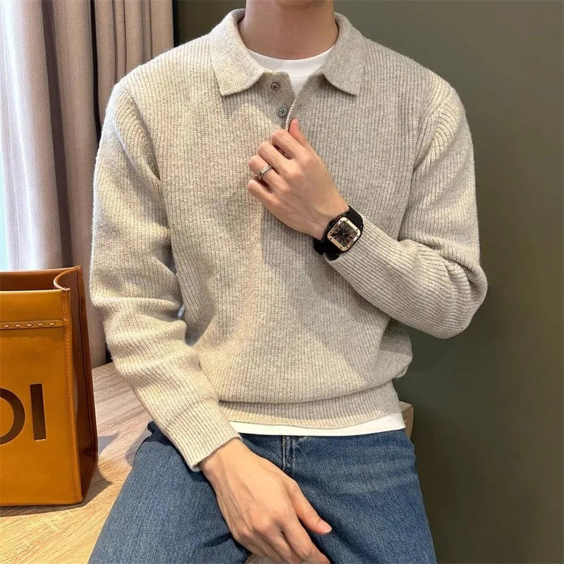 Mens Knit Sweater Autumn Winter Pullover Korean Soft Heavyweight Knit Polo Sweaters Minimalist Long Sleeve Solid Casual Top
