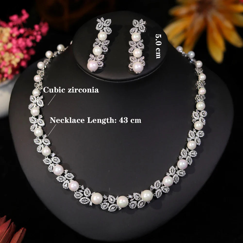 Elegant Shiny Cubic Zirconia Big Pearl Necklace Bridesmaid Gift Luxury Bridal Wedding Banquet Jewelry Set for Women Accessories
