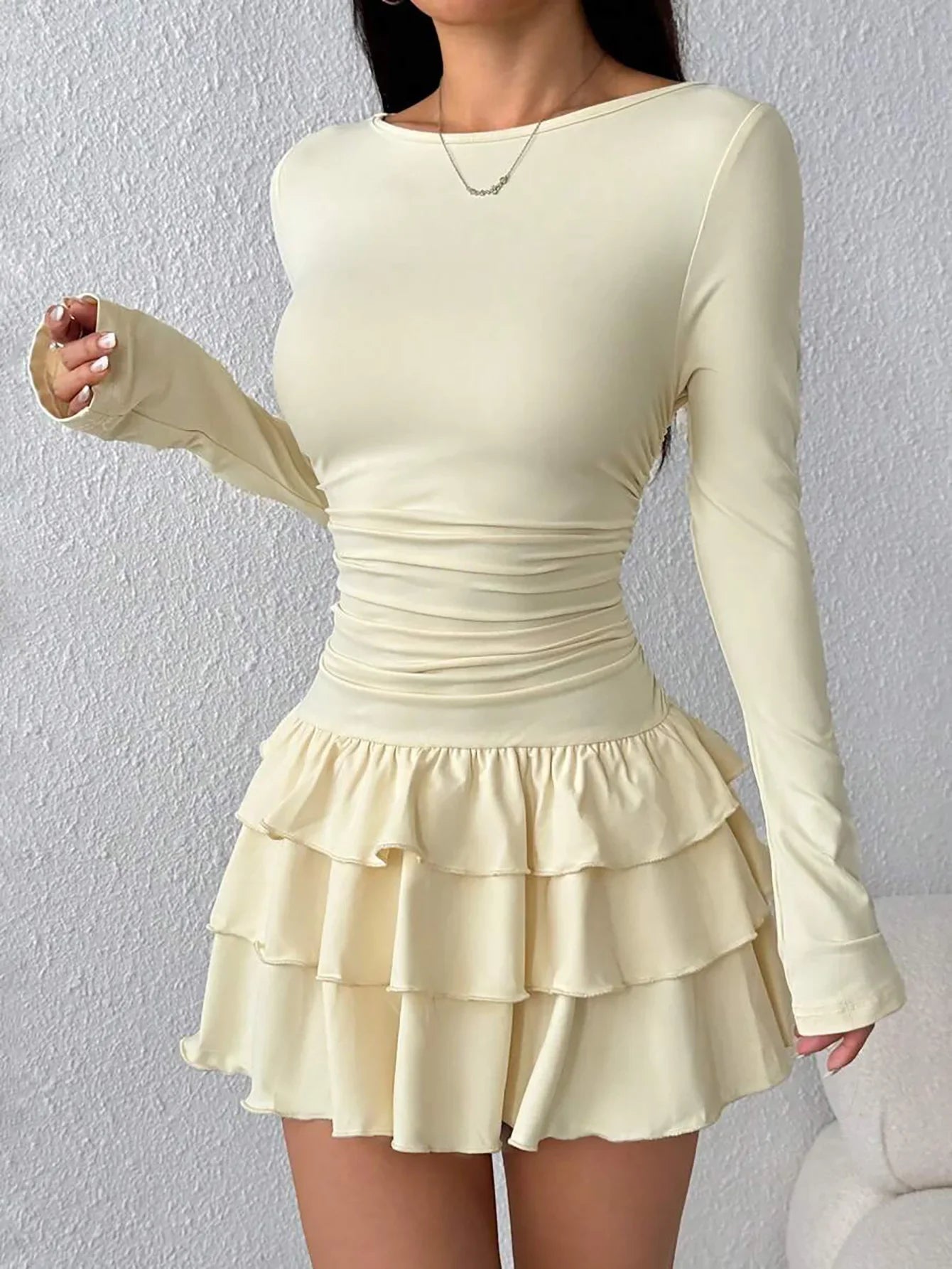 Autumn Winter Solid Color Slim Fit Cascading Ruffles Mini Dress Women Elegant Flare Sleeve High Waist Sexy Party Bodycon Dresses
