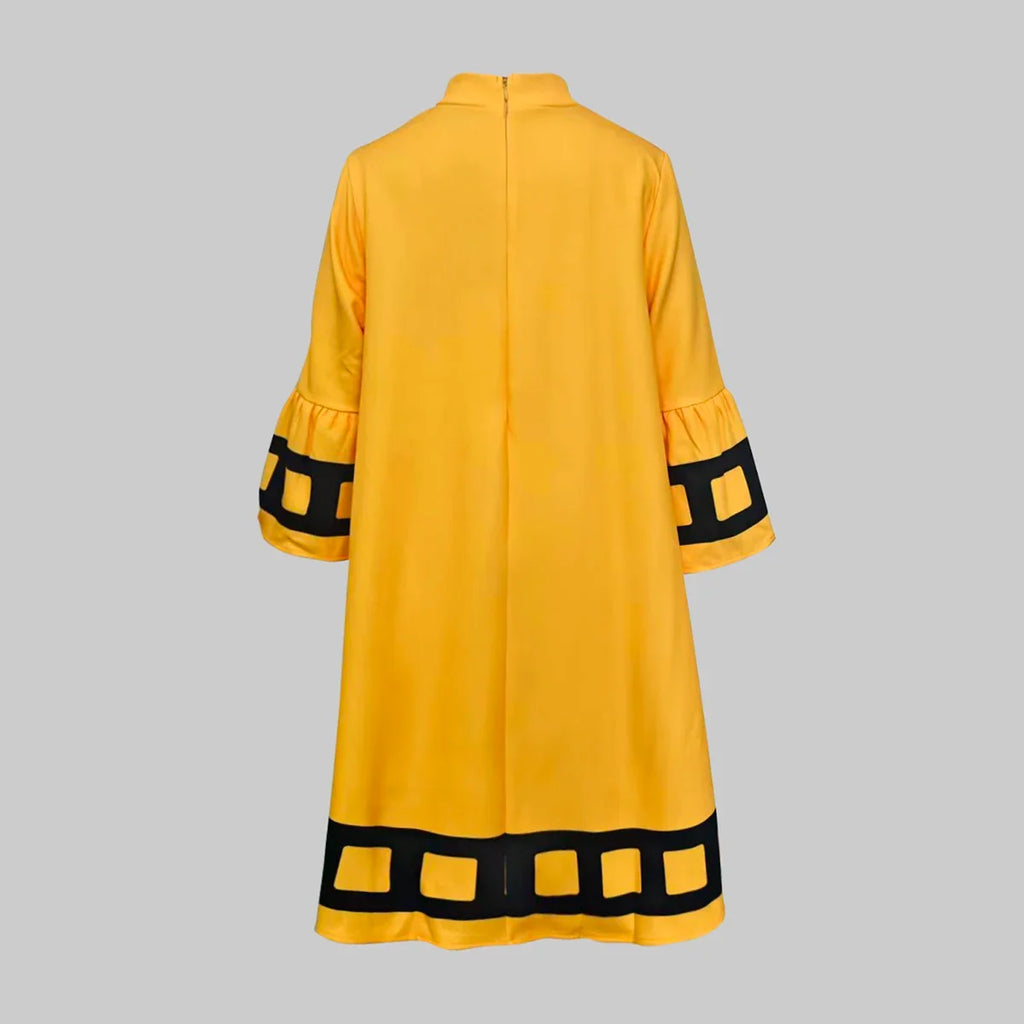 Flower Print  Loose Yellow Dresses for Women Autumn Winter Clothes Flared Sleeves Woman Midi Casual A-line Dress