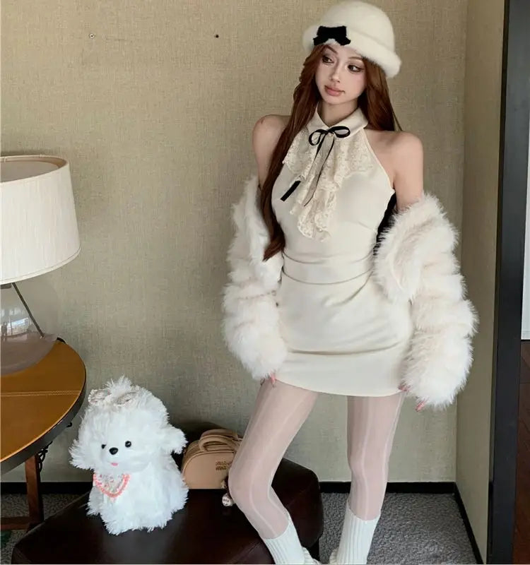 Kimotimo Hotsweet Y2k Dress Women Lace Splicing Bow Halter Waist Slim Fit Hip Mini Dresses Fashion Birthday Party Vestido Summer