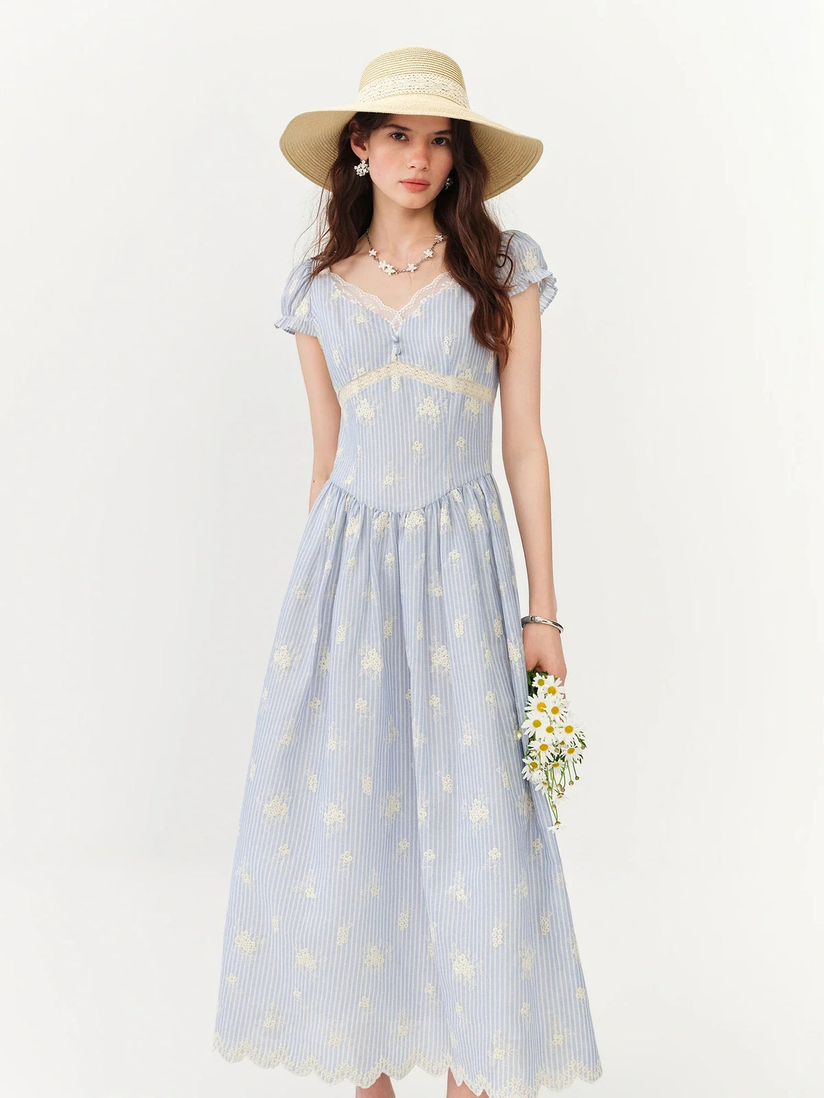 2026 Summer Cotton Gauze Blue Stripe Floral Embroidery Midi Dress French Farmhouse A-line Flowy Shift Coastal Cottagecore