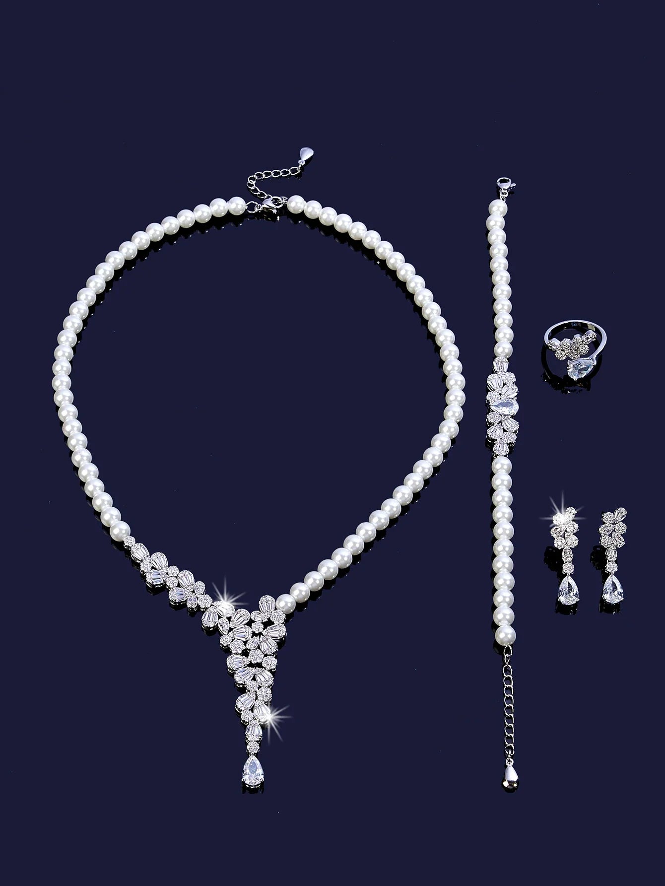Trendy Pearl Tassel Necklace 4PCS Jewelry Set For Women Wedding Party Full Zircon Dubai Bridal Jewelry Set Gift