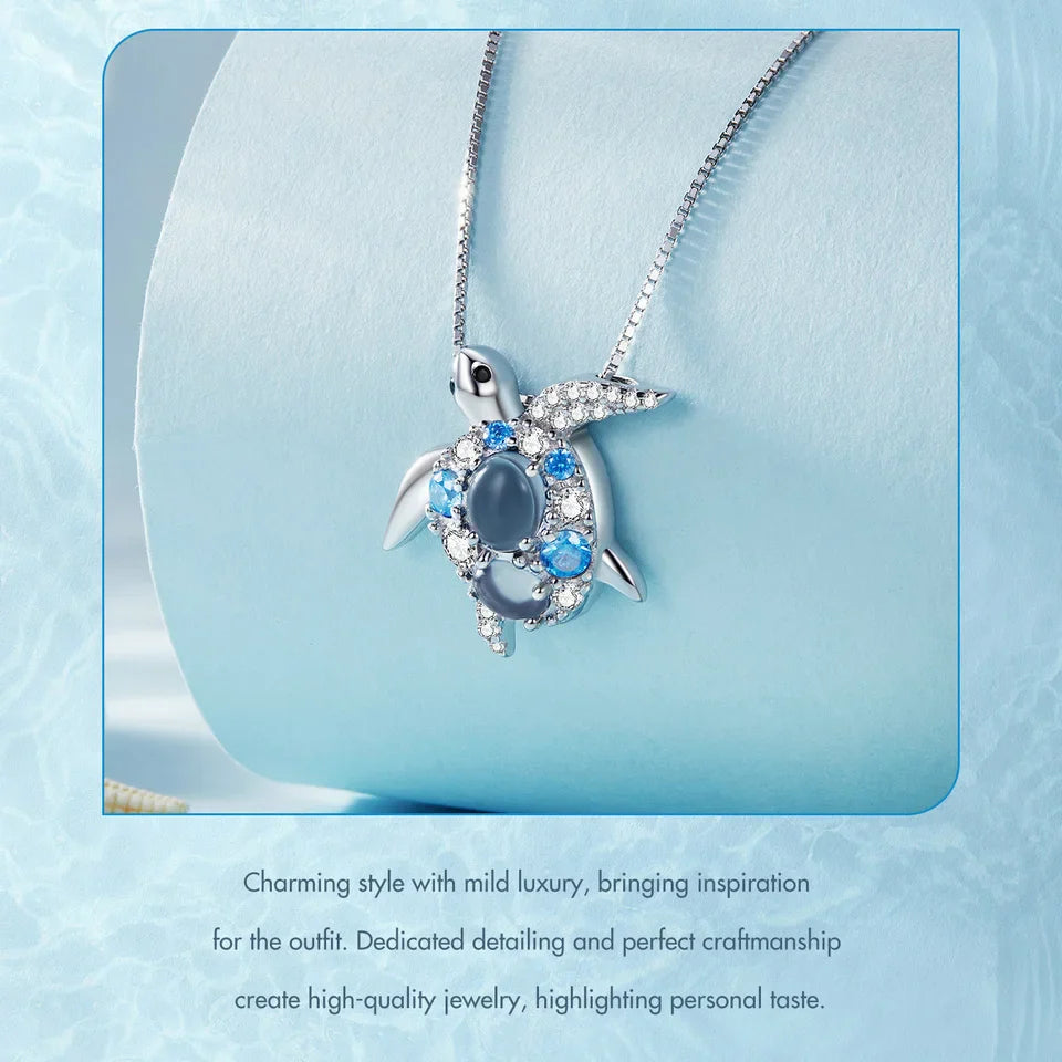 925 Sterling Silver Blue Spinel Sea Turtle Pendant Necklace Pave Setting CZ for Women Valentine's Day Gift