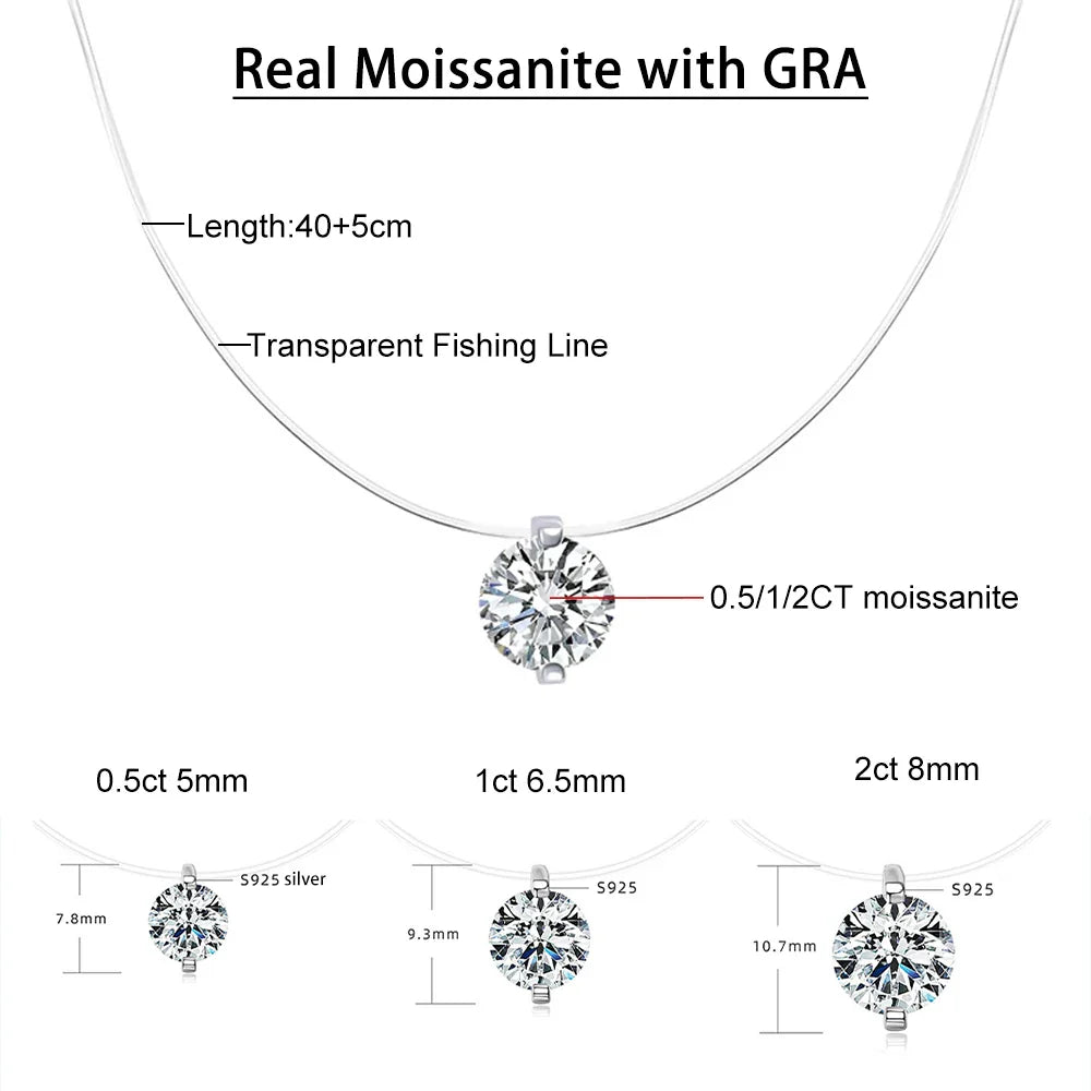 Certified D VVS1 0.5-5CT Moissanite Pendant Necklace for Women Diamond Transparent Fishing Line Chain Party Jewelry S925 Silver