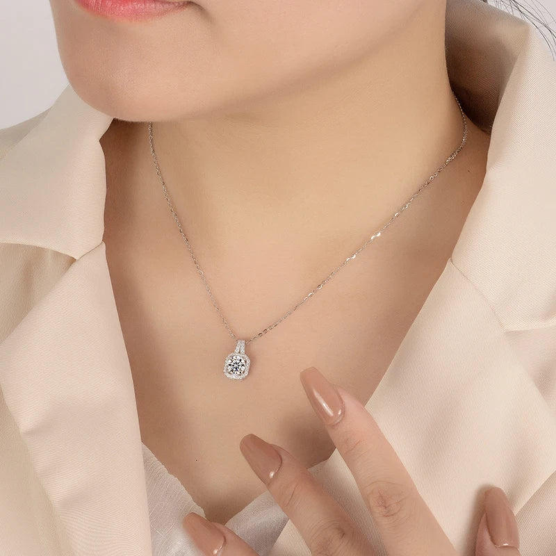 1-2CT Moissanite Necklace for Women S925 Silver Square Design Laboratory Diamond Pendant Luxurious Wedding Jewelry