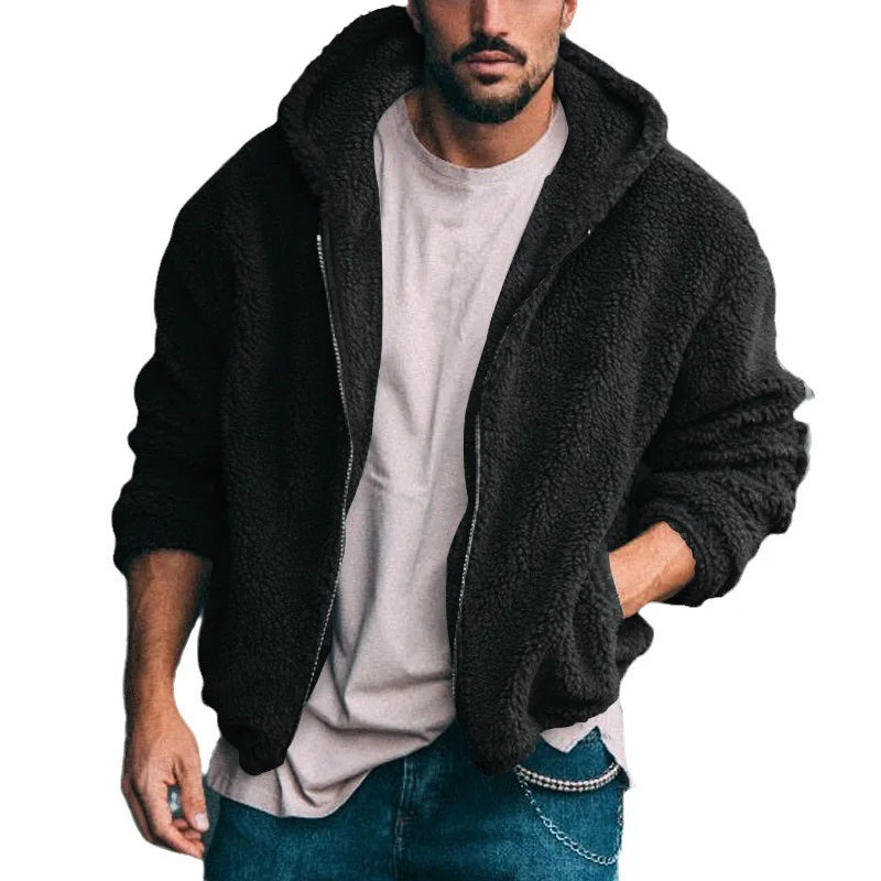 Men's Winter Zipper Fleece Hooded Jacket Vintage Casual Streetwear Loose Solid Color Hoodie with Pockets Leisure Fashion Coat