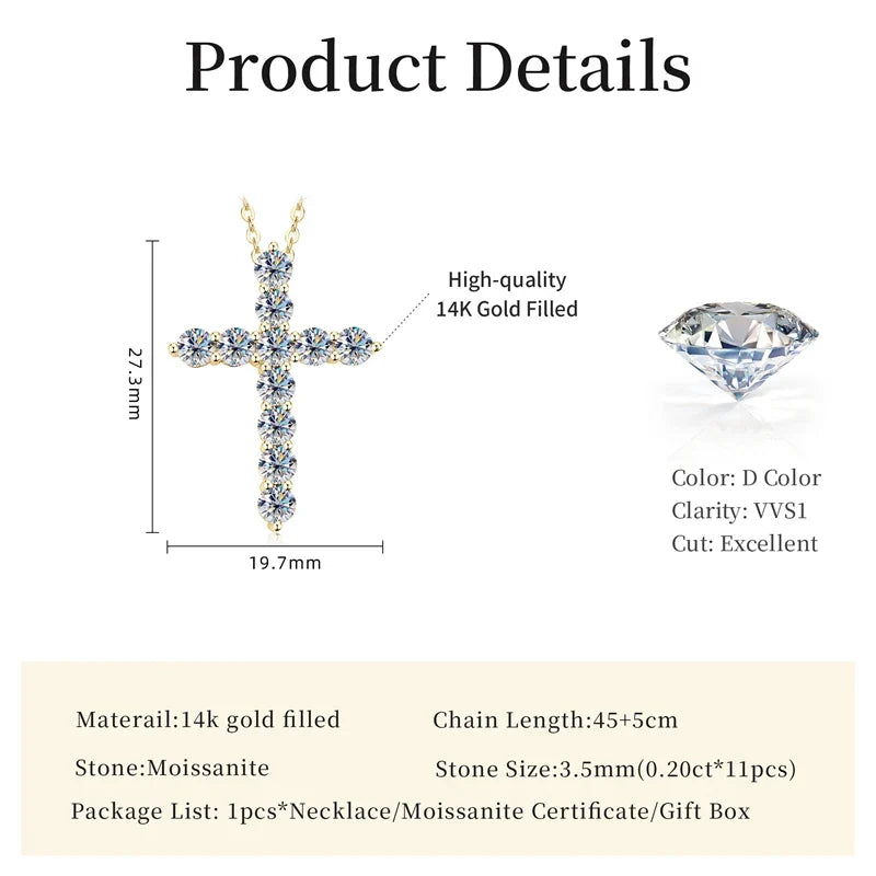 14K Gold Filled Cross Pendant Necklace Certified 3.5MM Full Moissanite Necklaces for Women Lab Diamond Vintage Jewelry