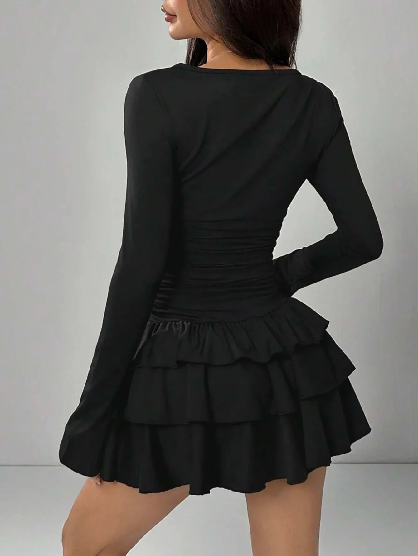 Autumn Winter Solid Color Slim Fit Cascading Ruffles Mini Dress Women Elegant Flare Sleeve High Waist Sexy Party Bodycon Dresses