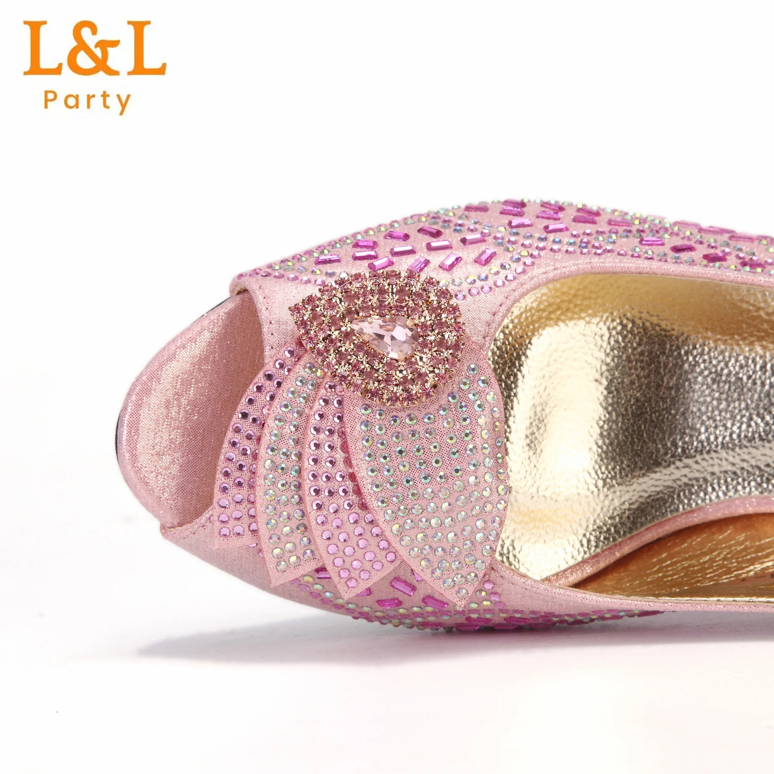 Low Heels Pumps Matching Hand Bag in Champagne Color High Quality for Wedding