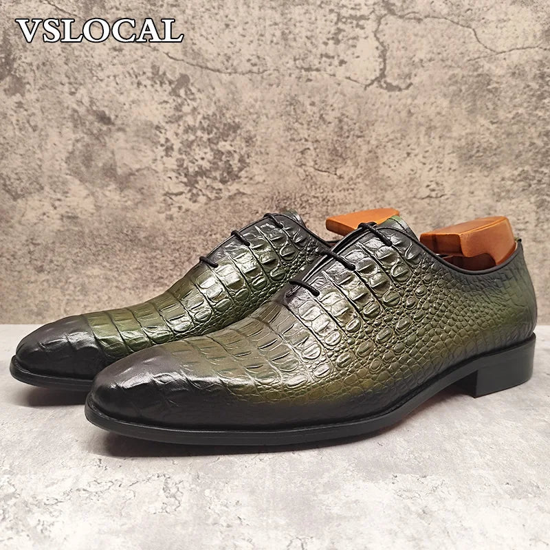 Luxury Men Oxford Shoes Green Black Croco Print Casual Mens Dress Shoes Lace up Wedding Office Genine Leather shoes men