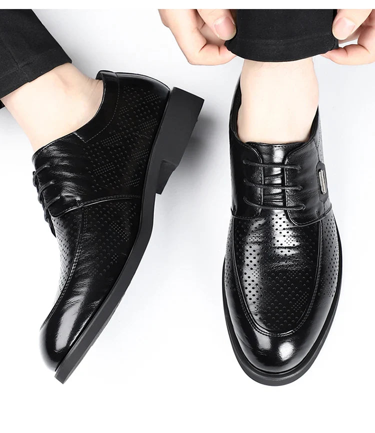 Men's Summer Breathable Leather Shoes Comfortable Soft Bottom Hollow Design Business Formal Derby Shoes British Style-SJ551-1