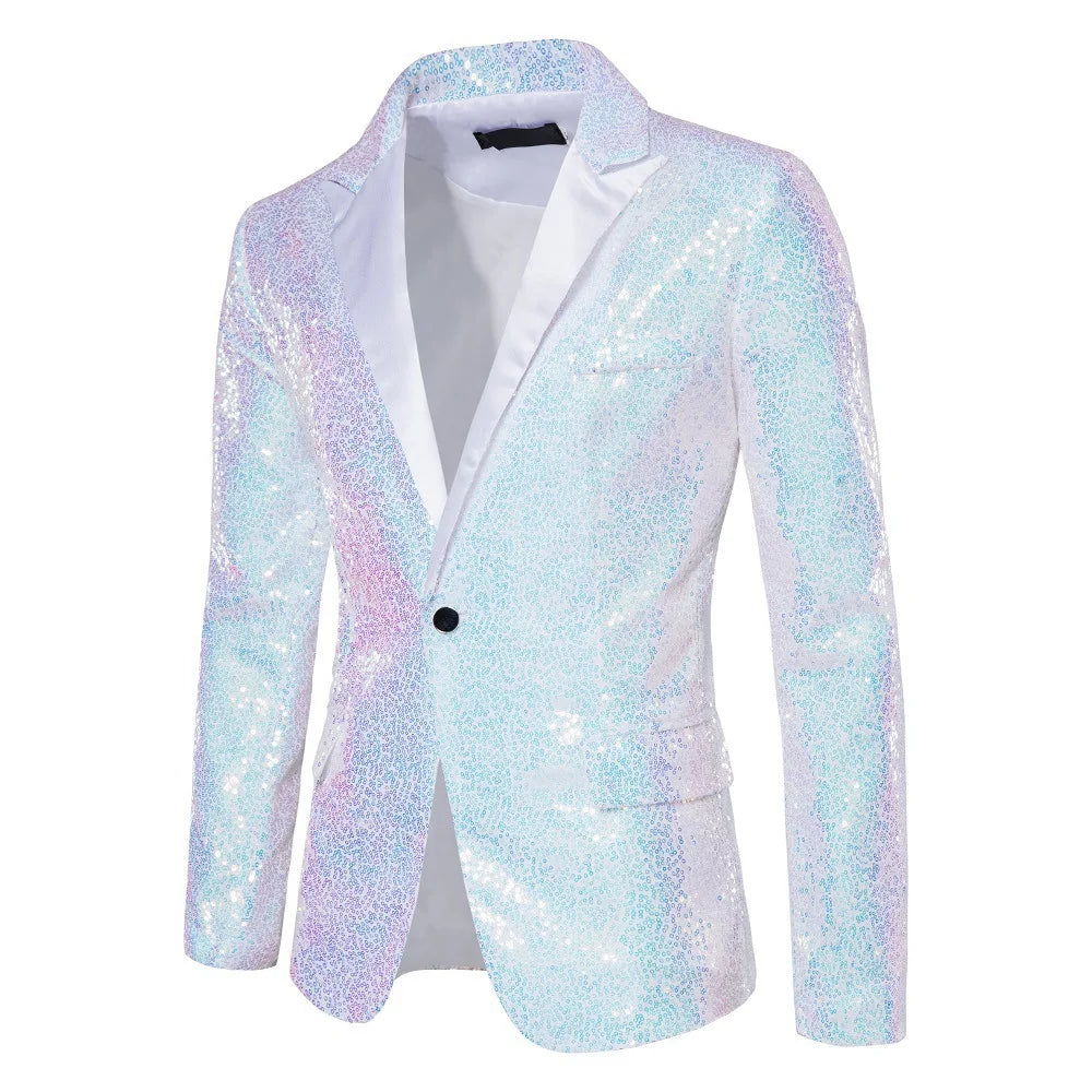 2026 Men's Suit Jacket, Shiny Sequin Stage Performance Coat, White Silver Blue Red Purple Blazers V-neck Single Button S-XXL