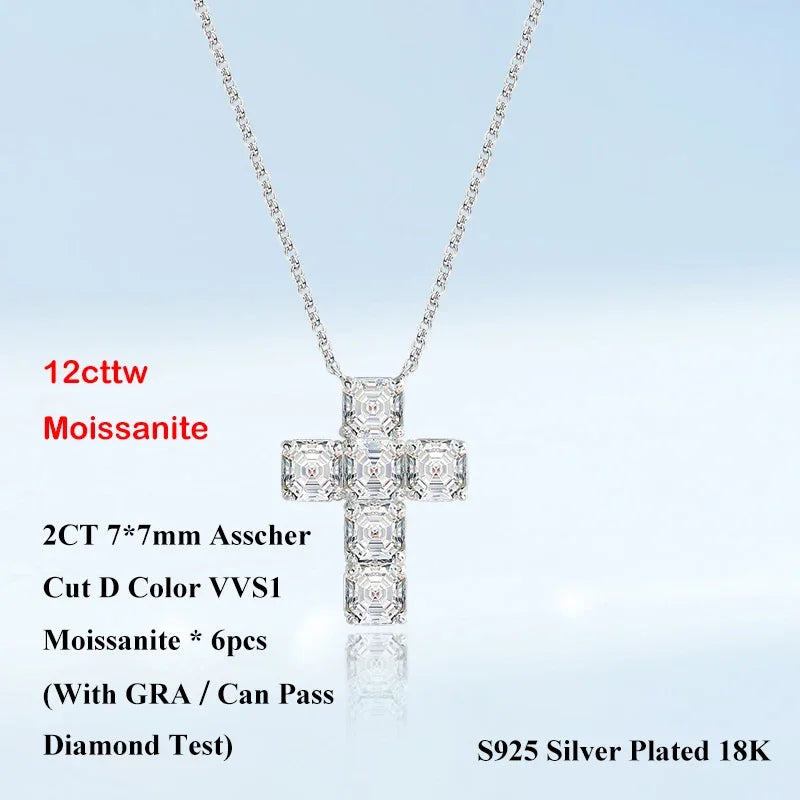 Luxury 12cttw Full 7*7mm Asscher Cut D Color Moissanite Pendant Necklace for Women S925 Silver Pass Diamond Test Neck Chain