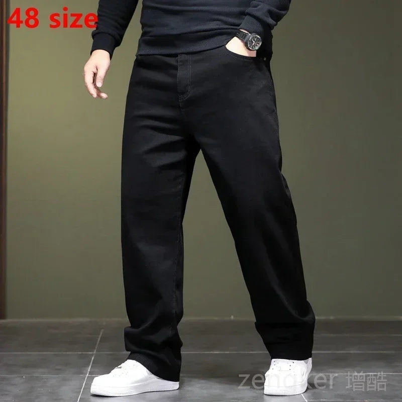 High elasticity spring autumn big size black jeans straight jeans men plus large size youth elastic long trousers 44 46 48