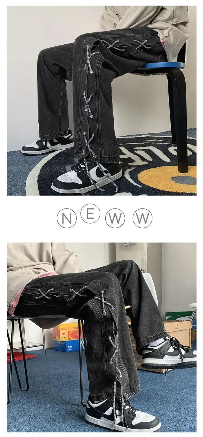 Streetwear Y2k Jeans Pants Lace Up Baggy Black Jeans Man Pants Designer Clothes Side Split 2023 Korean Fashion New