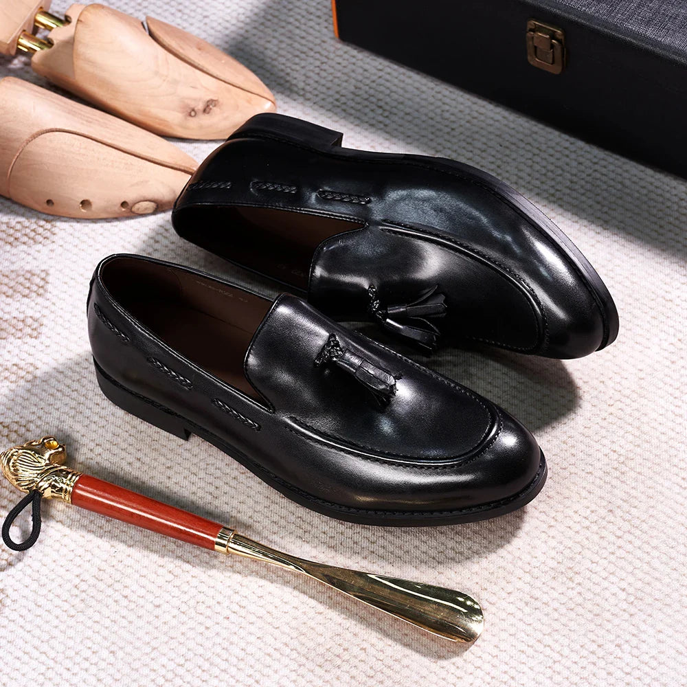 Classic Men's Genuine Leather Tassel Loafers Handmade Slip-On Casual Shoes Comfortable for Office Wedding Dressing Daily Wear