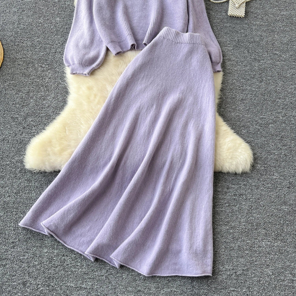 Autumn Casual Two Pieces Sets Women O-Neck Loose Knitting Top+Elastic Waist Large Swing Skirt Basic Korean Winter Sets