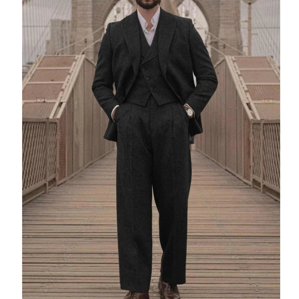 Italian Vintage Wool Bblend Men's suit 3pc Set Suit Jacket Vest Pants High Quality Men's Wool Suit Set Sports Casual Suit Coat