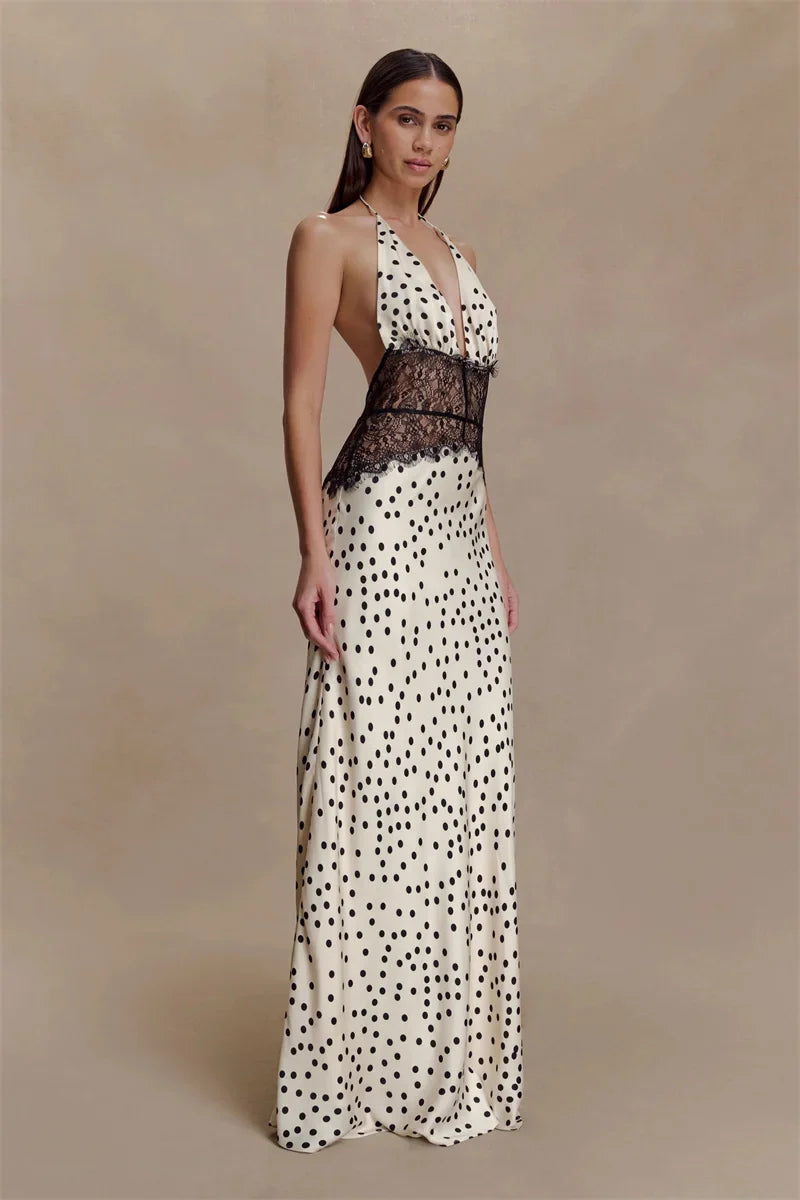 Polka Dot Backless Sexy Maxi Dress Women Gown Elegant Patchwork Lace Halter Deep V Neck Sleeveless Bodycon Club Dress