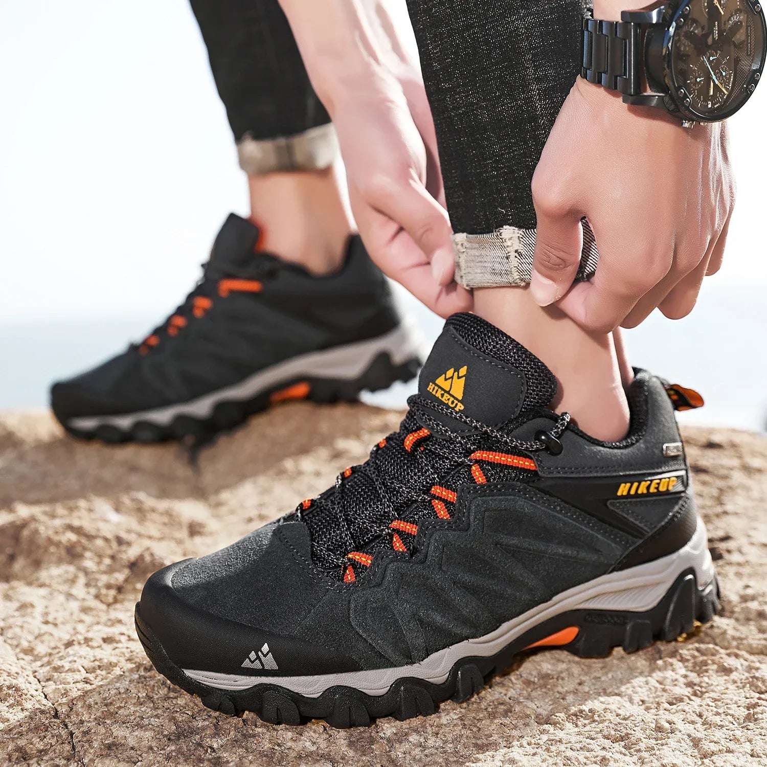 High Quality Leather Hiking Shoes Durable Outdoor Sport Men Trekking Leather Shoes Lace-Up Climbing Hunting Sneakers