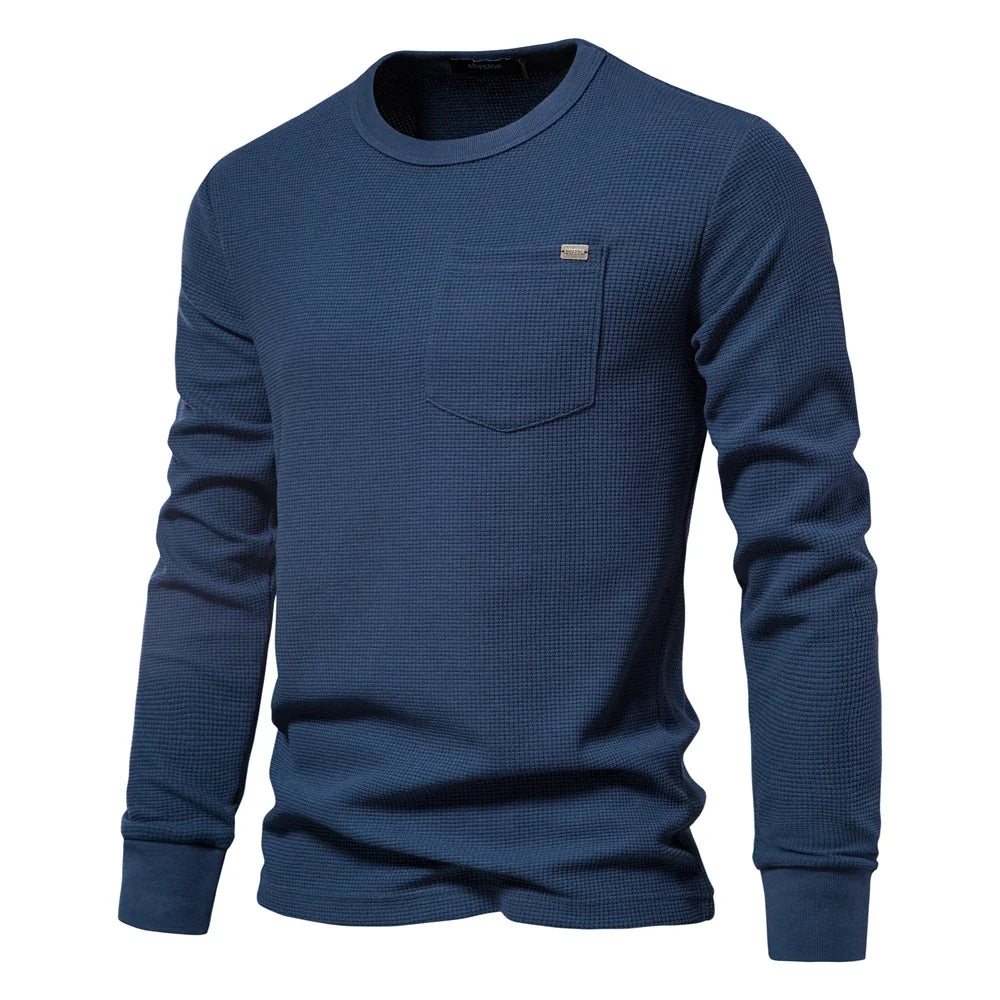Men's Waffle Cotton Long Sleeve T-Shirt - Solid Color Single Pocket Design, Autumn Basic Breathable Top for Casual Outfits