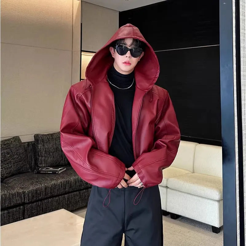 Spring Autumn Short Waterproof Black Pu Leather Jacket Men Hood Zipper High Waist Loose Casual Korean Fashion 2025