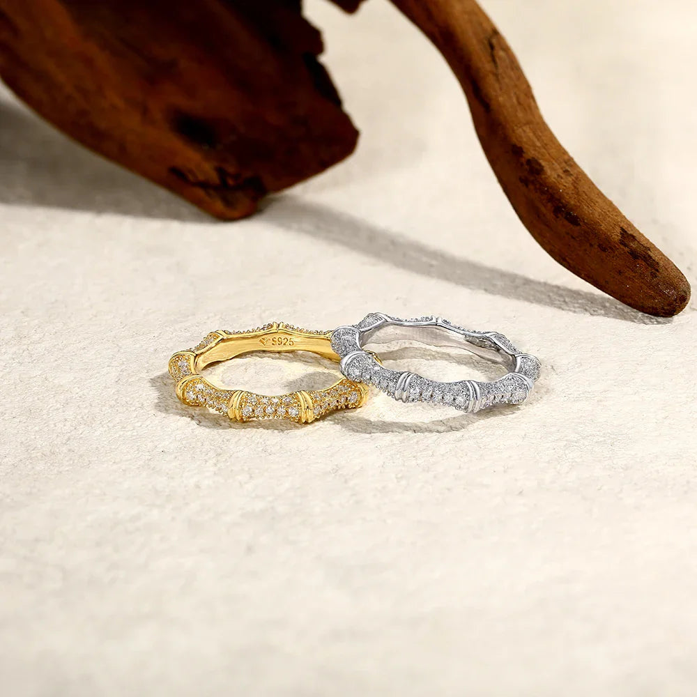 Sparkling Moissanite Ring Bamboo Design 925 Sterling Silver Women Rings Peace Good Luck for Birthday Party Gift Jewelry