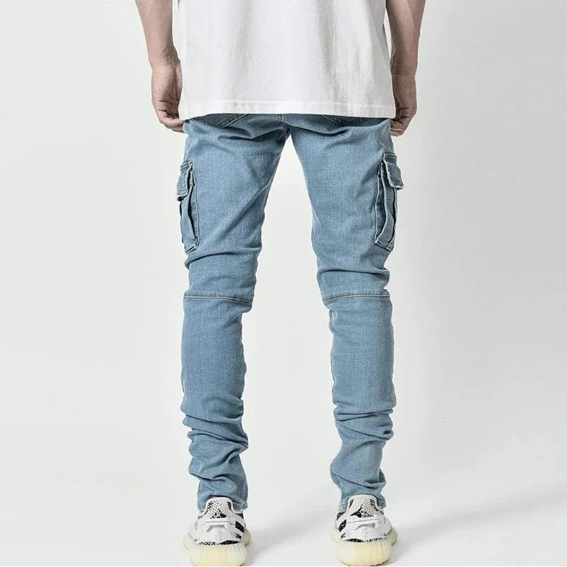 Pants Wash Solid Color Multi Pockets Denim Mid Waist Cargo Jeans