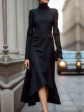 Black Color Asymmetrical High Neck Commute Dress For Women