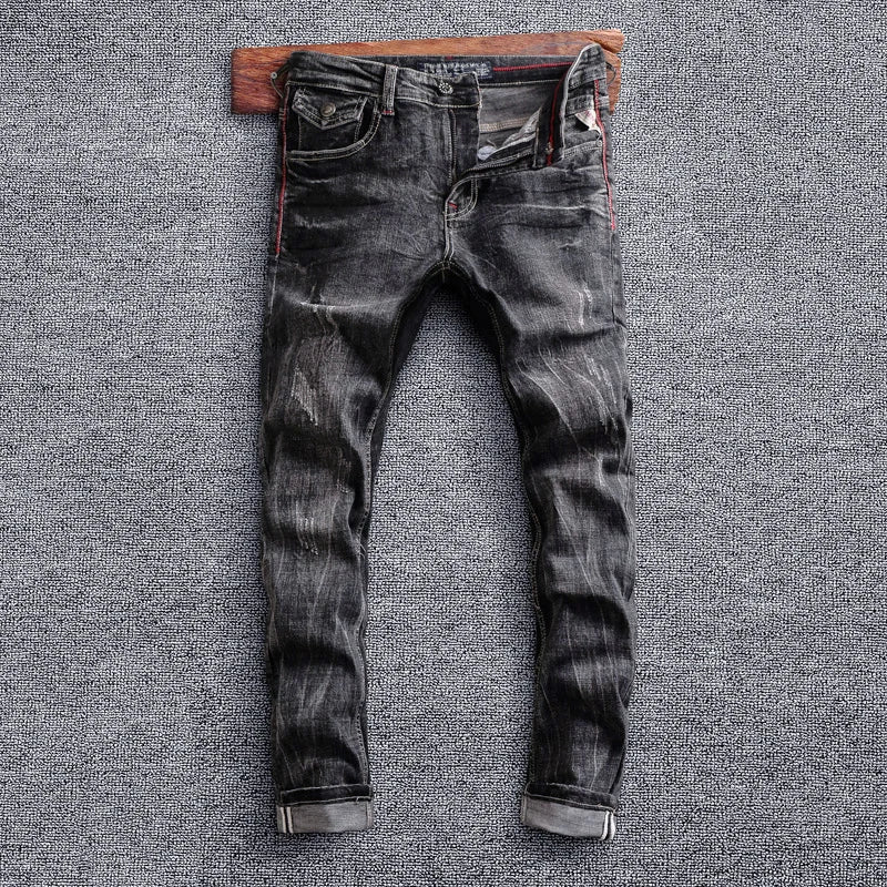 Men Jeans Retro Black Gray Elastic Slim Fit Ripped Jeans