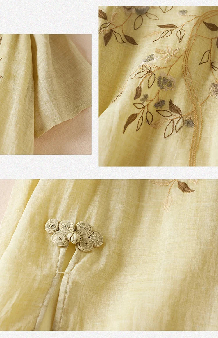 Summer New Hemp Dr Embroidered round Ne Five-Quarter Sve Fairy Beautiful Long Women's Dr New Chinese Sle