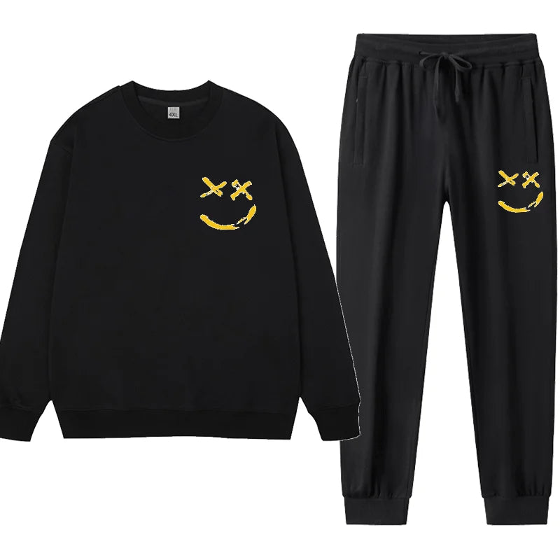 طقم سويتشيرت رجالي قطعتين مقاس كبير 1XL-7XL بنطلون رياضي عصري كاجوال مطبوع بياقة مستديرة للرجال من 110-185 كجم
