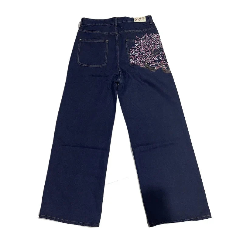 Y2K Goth vintage jeans plum blossom embroidery Harajuku pattern denim fabric wide leg pants American style men women street wear
