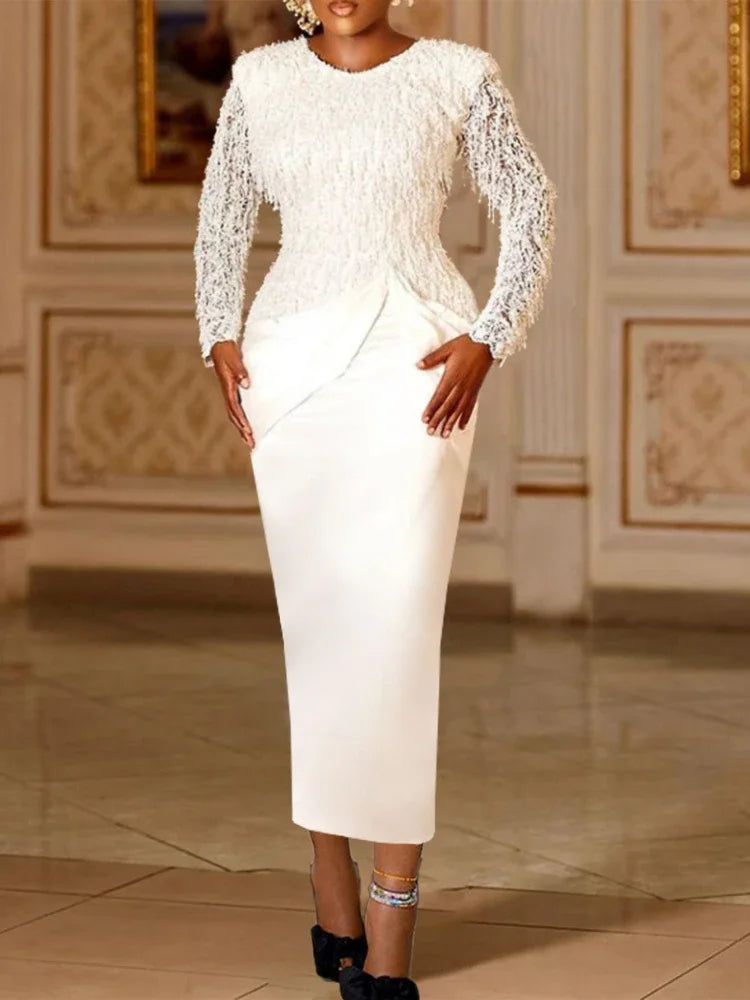 Women Dresses Formal Long Sleeve Crew Neck Evening Gown