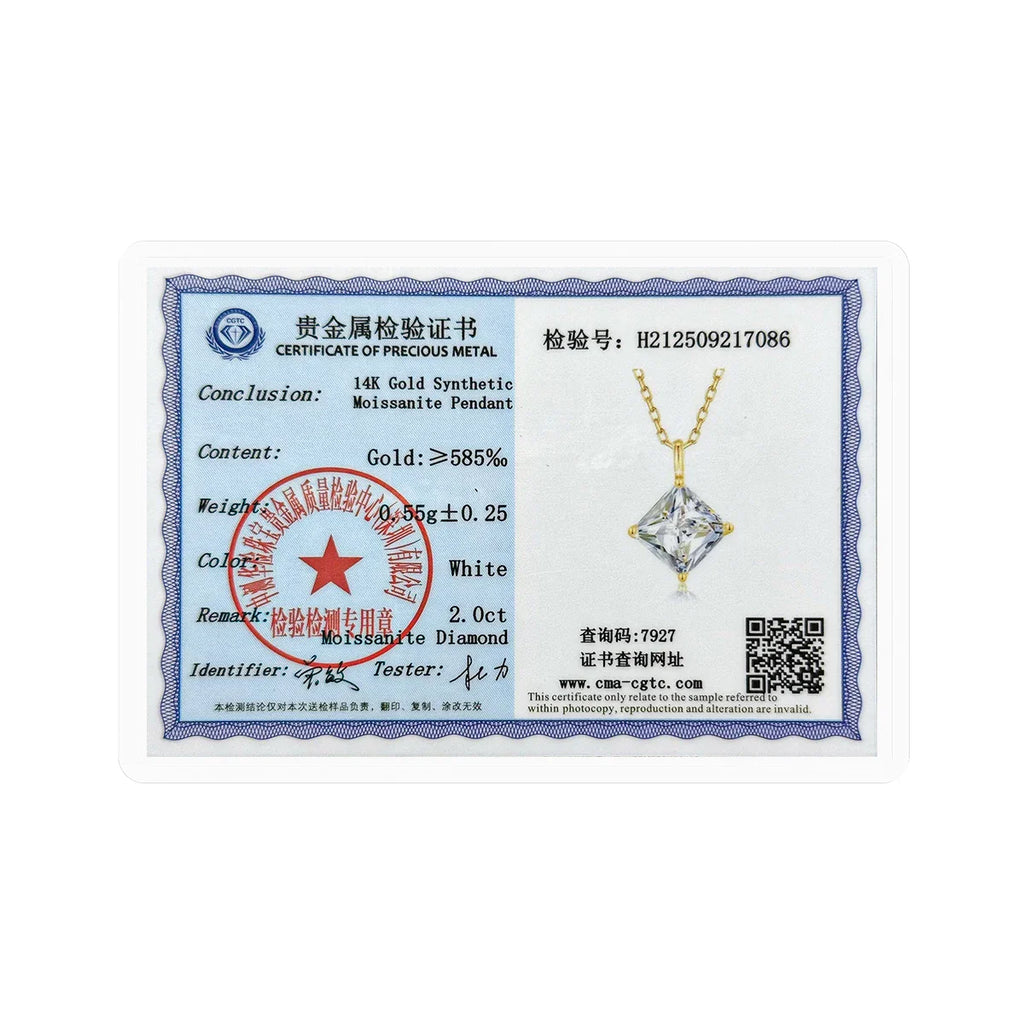 Certified 14K Gold Princess Cut Moissanite Pendant Necklace D Color VVS Square Lab Diamond Solitaire Choker Collarbone Chain