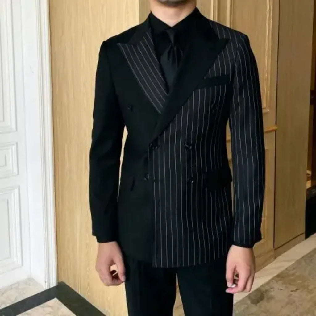2pcs Men's Suits Blazer Autumn Striped Men Blazer Fashion Double  Jacket Coats Casual Business Tuxedo Costume