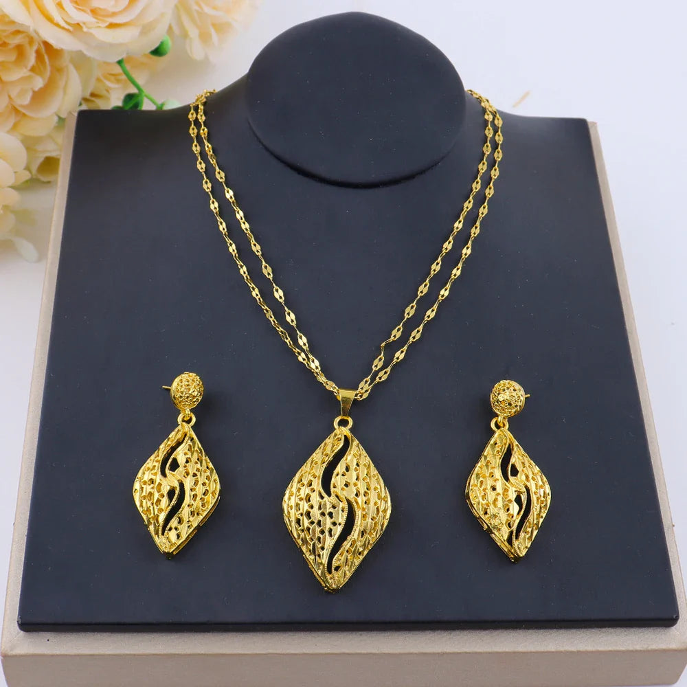 Fashion Gold Color Jewelry 24K Gold Color Warped Geometry Necklace Earrings Set Dubai India Africa Nigerian Bridal Gift