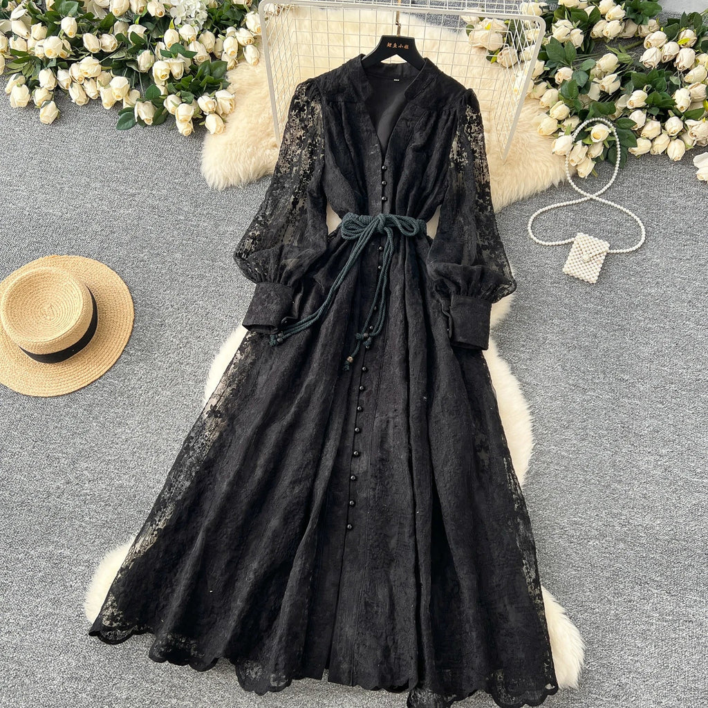 High-End Women's Dress Heavy Embroidery A-Line Long Skirt V-Neck Lantern Sleeve Single Button High Waist Korean Style Commute