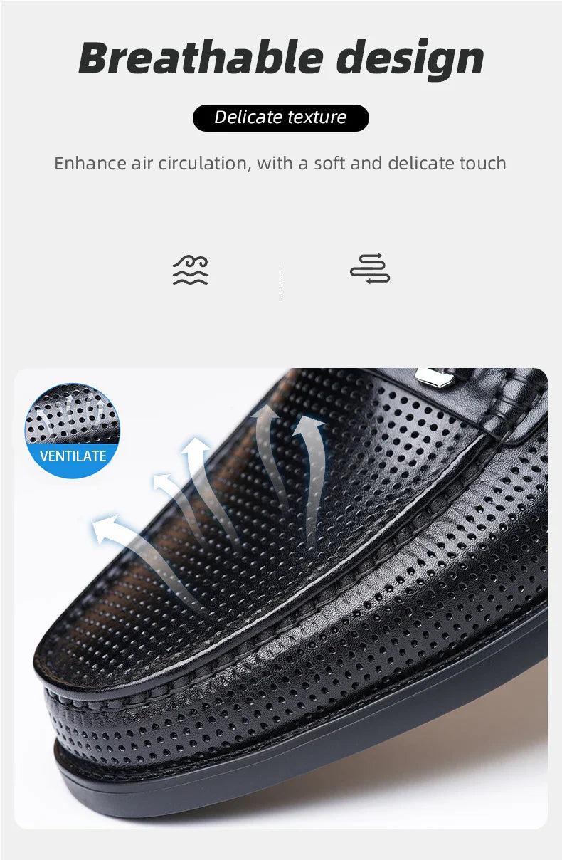 LAORENTOU men's bean shoes, genuine leather hollow out breathable business casual dad leather sandals, soft soled loafers10790DW