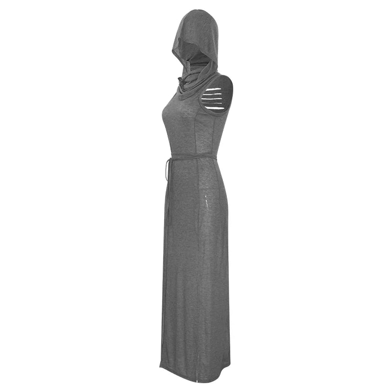 Summer 2023 Sexy European And American Style Sleeveless Hooded Dress Long Split Hollow out Pure Color Women's Gown