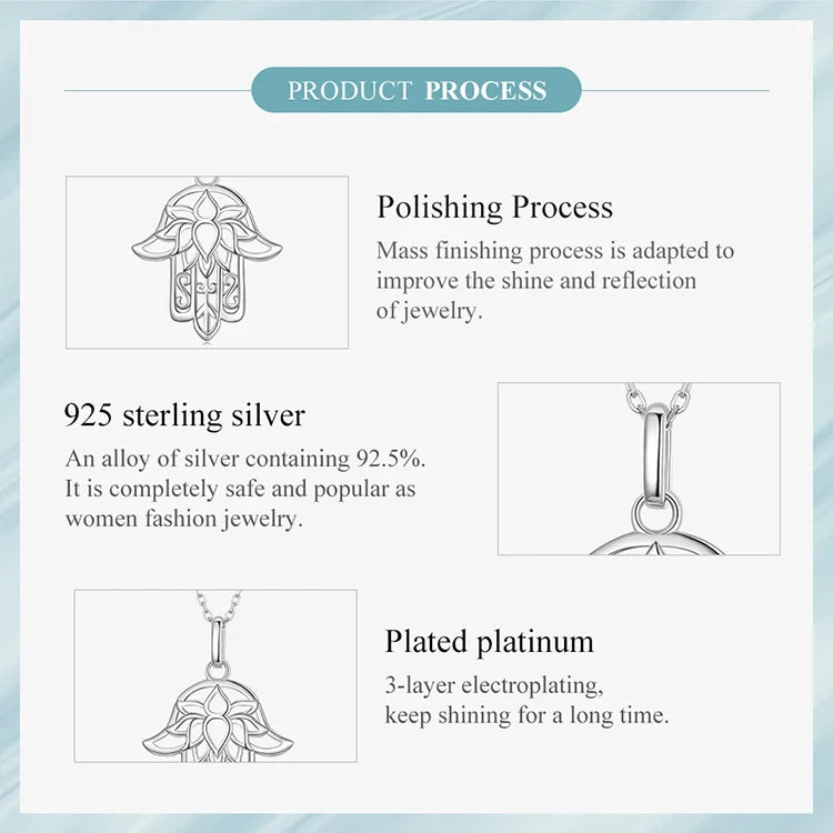 925 Sterling Silver Guardian Fatima's Hand Pendant Necklace Flower Pattern Neck Chian for Women Platinum Plated SCN490