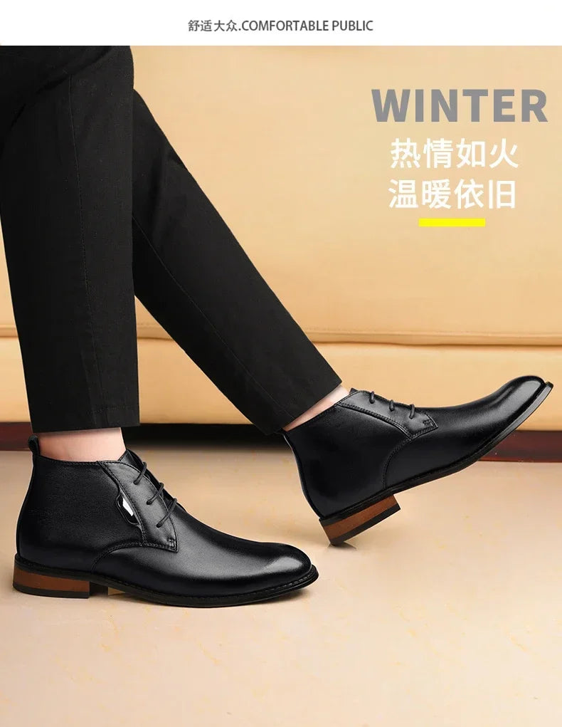 Men Flat/6CM Bussiness Elevator Shoes Genuine Leather Boots Autumn Winter Warm Ankle Boots for Men Botas Hombre Plus Size 37-47