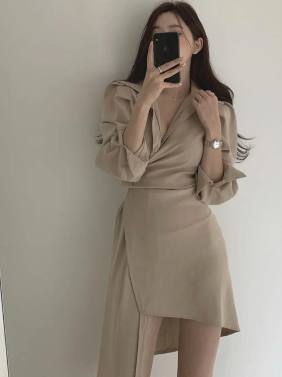 Early Autumn Shirt Dress Women's Mid-Length Asymmetrical Single-Button Notch Collar Slimming Style Commute Fashion