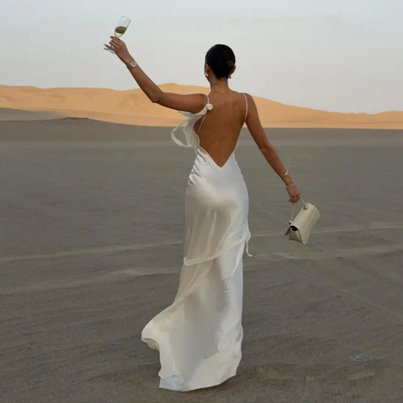 Elegant 3d Flowers Backless Dress Women Bodycon Swing Collar Sleeveless White Sling Maxi Robe 2025 Summer Lady Evevning Vestidos