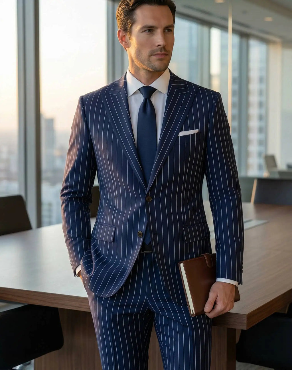 Elegant dark blue striped men's suit; 2 pieces of fashionable double-breasted, collarless slim-fit jacket and trouser set new st
