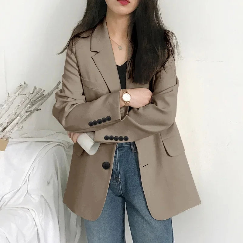 Elegant Casual Loose Long Sleeve Women's Small Suit Jacket Korean Style Spring Autumn Chic Polyester Fiber Button Decoration