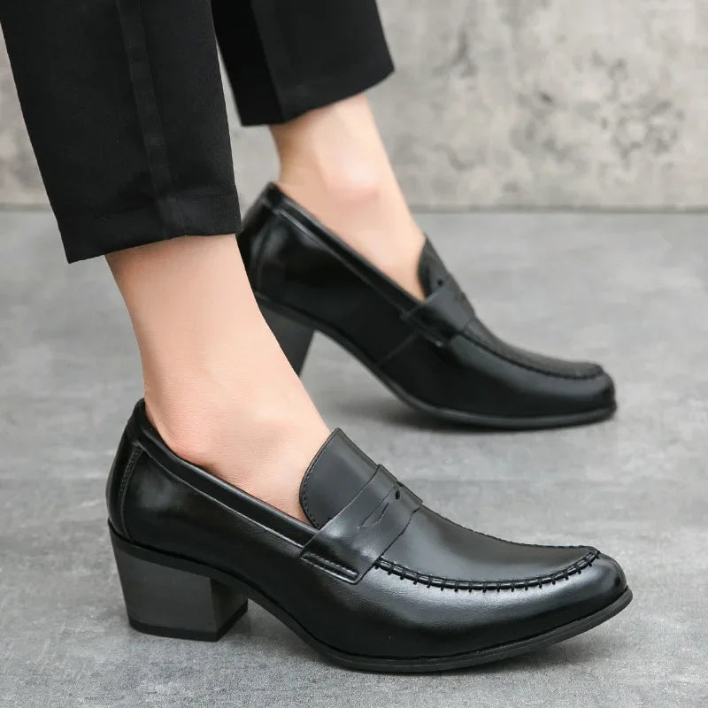 Retro High Heel Men's Shoes Fashionable Business Leather Slip-On Shoes Trendy Rubber Sole Pointed Toe Ankle-Length PU Leather